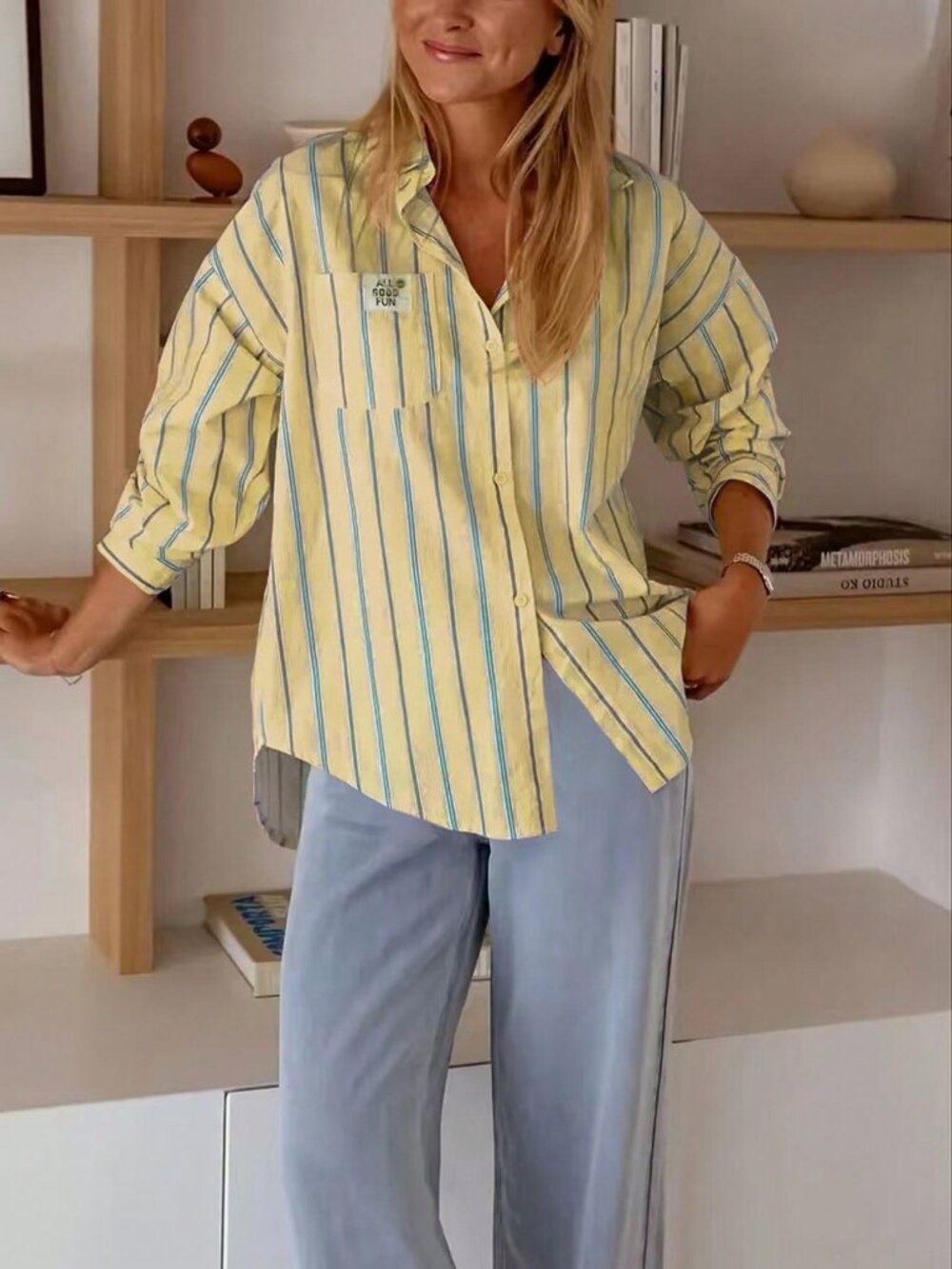 Yellow Casual Women's Striped Pocket Front Button Back Button Long Sleeve Shirt - Picture 3 of 6